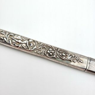 Antique Art Nouveau Sterling Silver 925 Floral Repousse Woman Pencil Needle Case 3