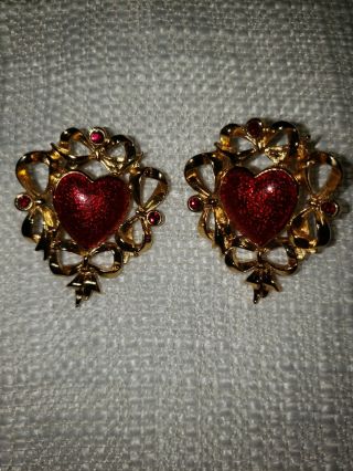 Vintage Avon Festive Heart Earrings,  Red Enamel,  1990s.