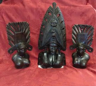 Vintage Antique African Ebony Wood Hand Carved Sculpture Statue Bust Busts Heads