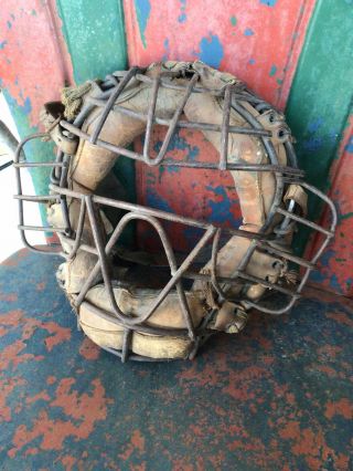 Old Circa Early 1900’s Antique Baseball Vintage Catchers Mask Leather Metal
