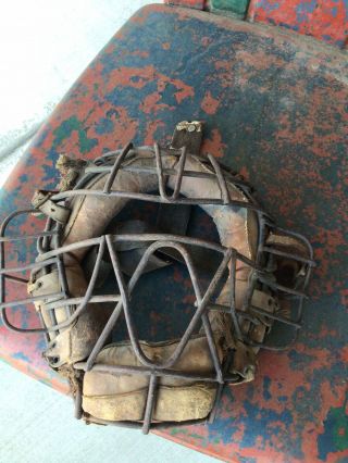 Old Circa Early 1900’s Antique Baseball VINTAGE Catchers Mask Leather Metal 3