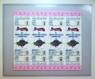1992 World Series Ticket Sheet,  Atlanta Braves Toronto Blue Jays Mlb