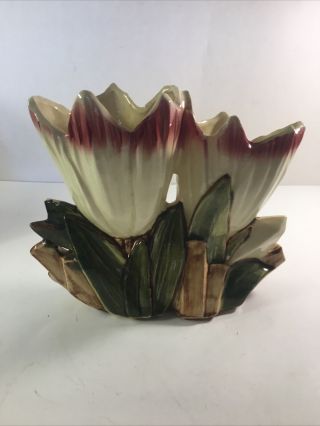 Vintage Mccoy Ceramic Double Tulip Vase Green Leaf Flower Planter Pottery 1940 