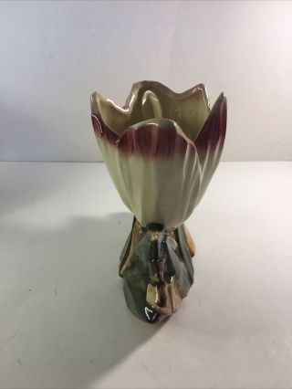 Vintage McCOY Ceramic Double Tulip Vase Green Leaf Flower Planter Pottery 1940 ' s 2