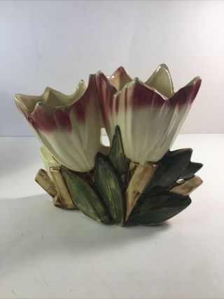 Vintage McCOY Ceramic Double Tulip Vase Green Leaf Flower Planter Pottery 1940 ' s 3