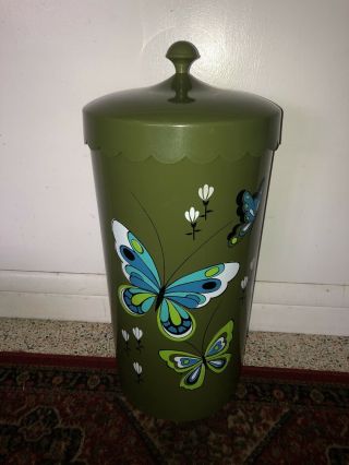 Vintage Mid Century Plastic Clothes Laundry Hamper Avocado Green Butterfly