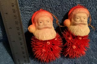 2 Vintage Christmas Ornaments Plastic Santa Claus Head Red Spiky Ball Bottoms