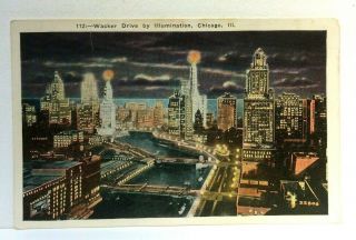 Chicago Illinois Wacker Drive Night View Vintage Postcard