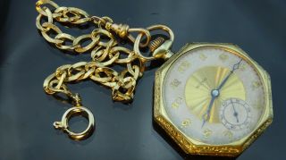 Antique 14k Gold Filled Swiss Pocket Watch/size12 With Chain Fob/ticks
