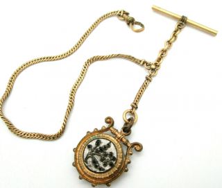 Antique Victorian Pocket Watch Fob Albert Chain Gf Steel Cut Floral Carnelian