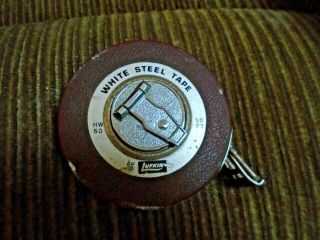 Vintage Lufkin White Steel Tape Measure 50 - Foot Hand Crank Tool Made In Usa