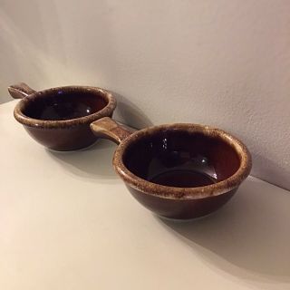 Set Of Two Vintage Hull Brown Drip Stoneware Soup Bowls With Handles Oven Proof