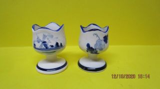 Pair 2 Vintage Delft Blue Hand - Painted Porcelain Ceramic Small Egg Cups Holland