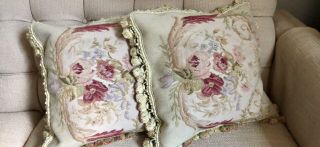 Vintage Antique Wool Aubusson Tapestry Floral Accent Pillow Covers w/Down Insert 2