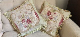Vintage Antique Wool Aubusson Tapestry Floral Accent Pillow Covers w/Down Insert 3