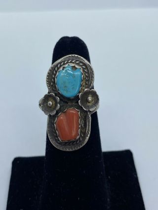 Vintage Sterling Silver Coral Turquoise Navajo Ring Sz 8