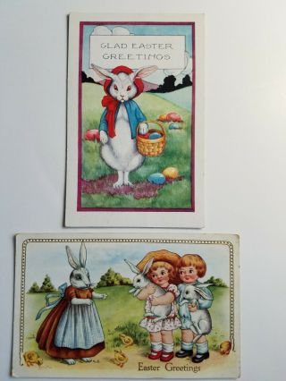 2 Vintage Postcards Easter Bunny Anthropomorphic Dressed Rabbits Whitney Made