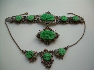 Antique Art Deco 1930s Spectacular Peking Glass Necklace Bracelet Brooch Suite