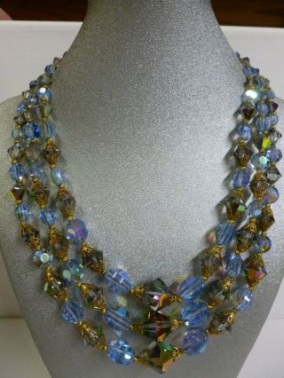 Vintage Triple Strand Gold Tone Filigree Capped Blue Ab Crystal Bead Necklace