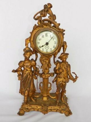 Antique Victorian Figural 18th C Couple Cast Metal Mantel Table Clock
