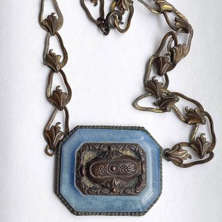 Antique Victorian Blue Peking Glass Oak Leaf Pendant Link Necklace