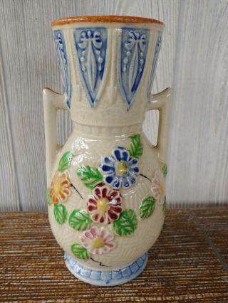 Vintage Made In Japan Embossed Double Handled Art Pottery Vase