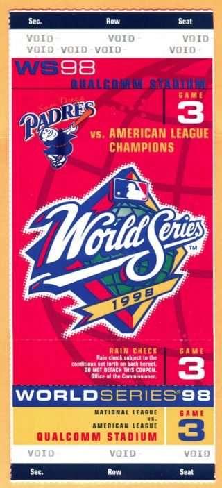 1998 World Series Gm 3 Full Proof Ticket - Yankees/padres