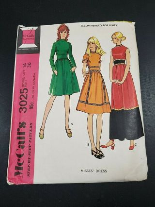 Vintage Mccalls Ladies Collared Long Dress Pattern 3025 Size 14