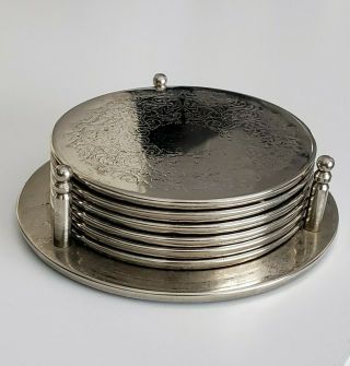 Vintage Set Of Six Silver Plated Coasters With Stand