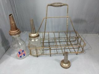 Antique Metal Oil Bottle Carrier With 2 Glass Quarts And Extra Spout