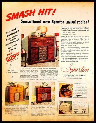 1947 Sparton Am Fm Radio Phonographs Vintage Print Ad Audio Cabinet Appliance