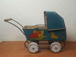 Antique 1930s German Blue Tin Baby Doll Carriage W/pictures Of Cats,  Dogs,  Duck