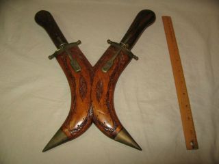 Vintage Carving Knife Fork Set Hand Carved Wood Sheath Brass Hardware India