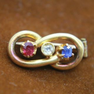 Antique 18k Yellow Gold Small Pin - Old Mine Cut Diamond,  Ruby,  Sapphire