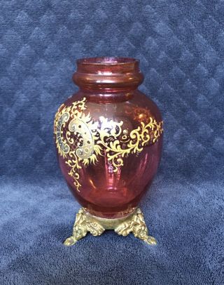 Antique Moser Bohemian Czech Gilt Enameled Mounted Brass Cranberry Glass Vase