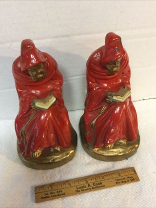 Antique Armor Bronze Bookends Monk Reading Book Red & Gold Polychrome
