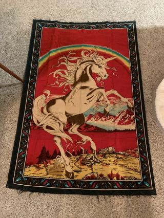Vintage 1970’s Large Cloth Wall Tapestry Unicorn Retro 38” X 58” Rainbow