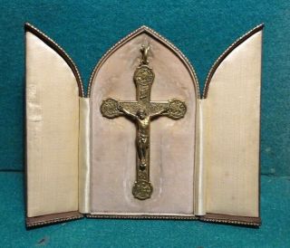 Antique Travel & Desk Leather Shrine W/ Bronze Crucifix W/ Evangelists Symbols