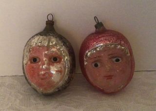 Vintage Antique Mercury Glass Ornament Face / Heads With Glass Eyes