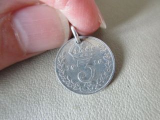 Vintage English Sterling Silver 1916 Old Lucky Threepence Coin Fob Charm Pendant