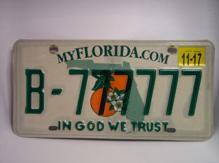 Florida License Plate (b - 777777) Expired 11 - 2017 In God We Trust