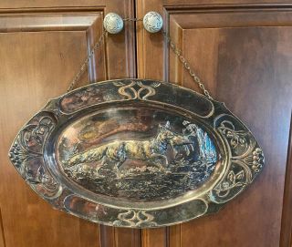 Rare Antique Silver Copper Metal Tray Fox And Game With Chain For Hanging 18x11