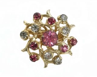 Signed Coro Pink Rhinestones Gold - Tone Pin Sm Vintage Midcentury Brooch 1950s