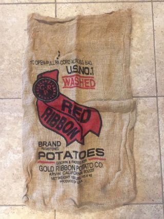 Vintage 100 Pound Red Ribbon Potato Burlap Sack