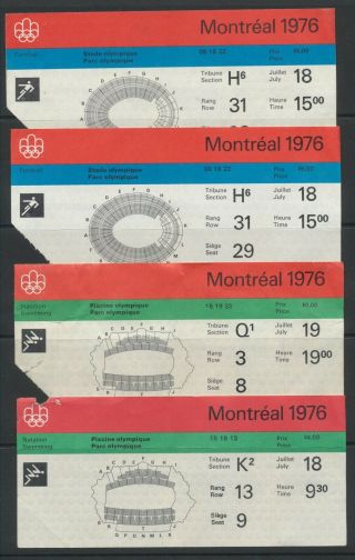July 18 &19,  1976 Montreal Olympic Games Ticket Stubs (4) Swimming & Football