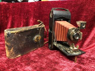 Old Antique 1910 Kodak Red Bellows No 1a Model D Folding Pocket Camera W/ Case