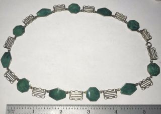 Antique Art Deco Sterling Silver Filigree Green Enamel Necklace
