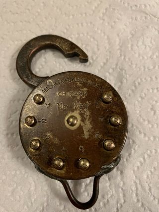 Antique American Keyless Lock Co.  " No - Key " Combination Made In Chicago 1907 - 09
