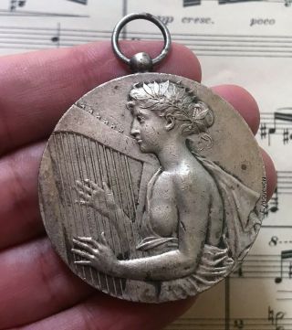 Large Antique French Bronze Music St Cecilia Medal Signed Mouchon C1926