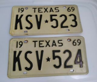 Pair 1969 Texas License Plates Automobile Tag Ksv 523 & Ksv 524